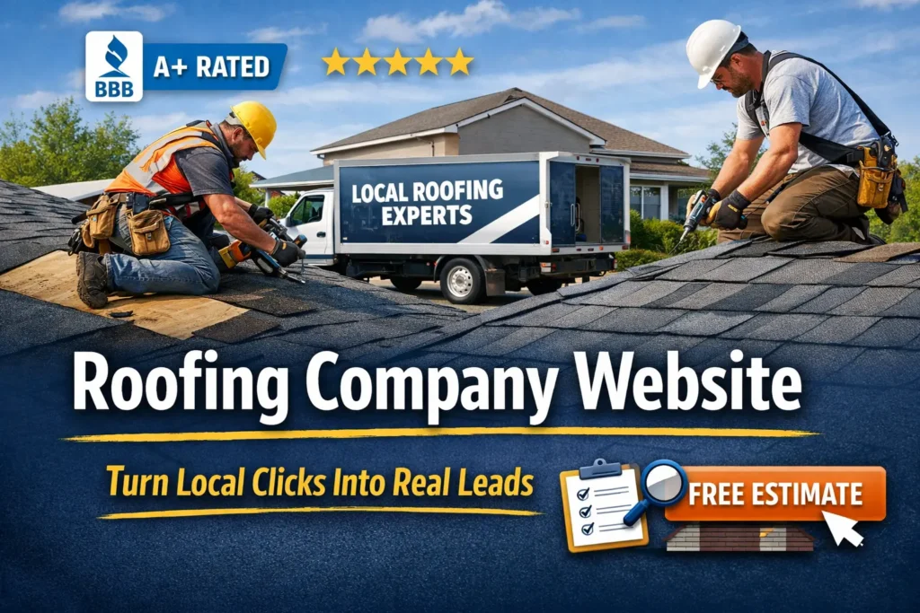 Roofing company website featured image showing local roofers working on a residential roof with trust signals and lead generation message