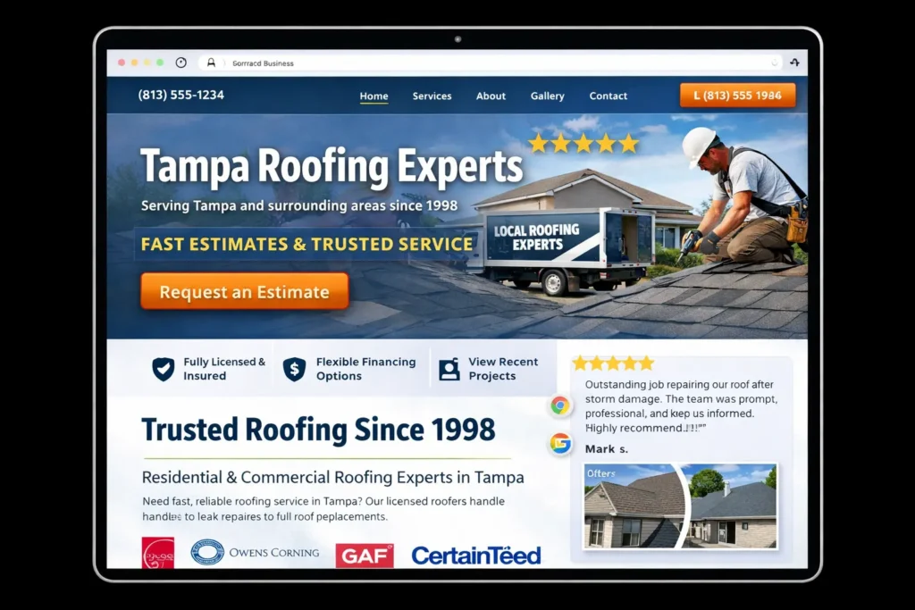 Roofing company website homepage mockup with local headline, review stars, trust badges, and estimate button for a local roofing company website