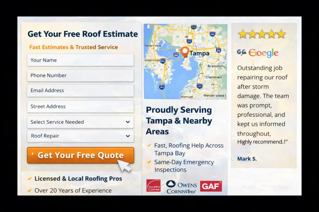 Roofing quote request section with short estimate form, trust badges, service area map, and customer review snippet for a roofing company website
