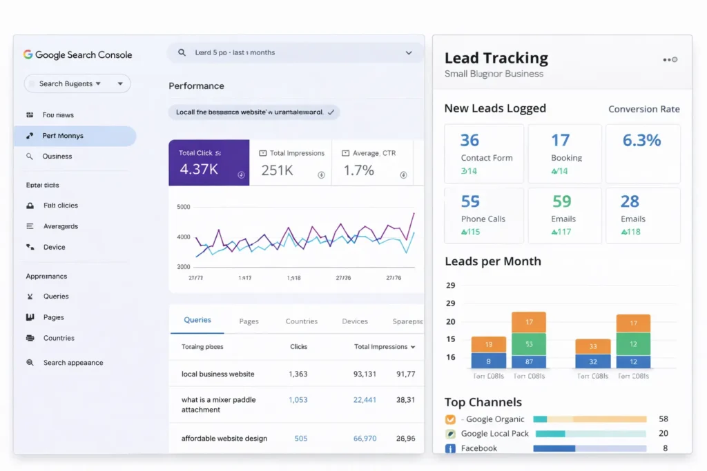 Search Console performance dashboard beside a lead tracking dashboard for a small business website showing clicks, impressions, and conversions