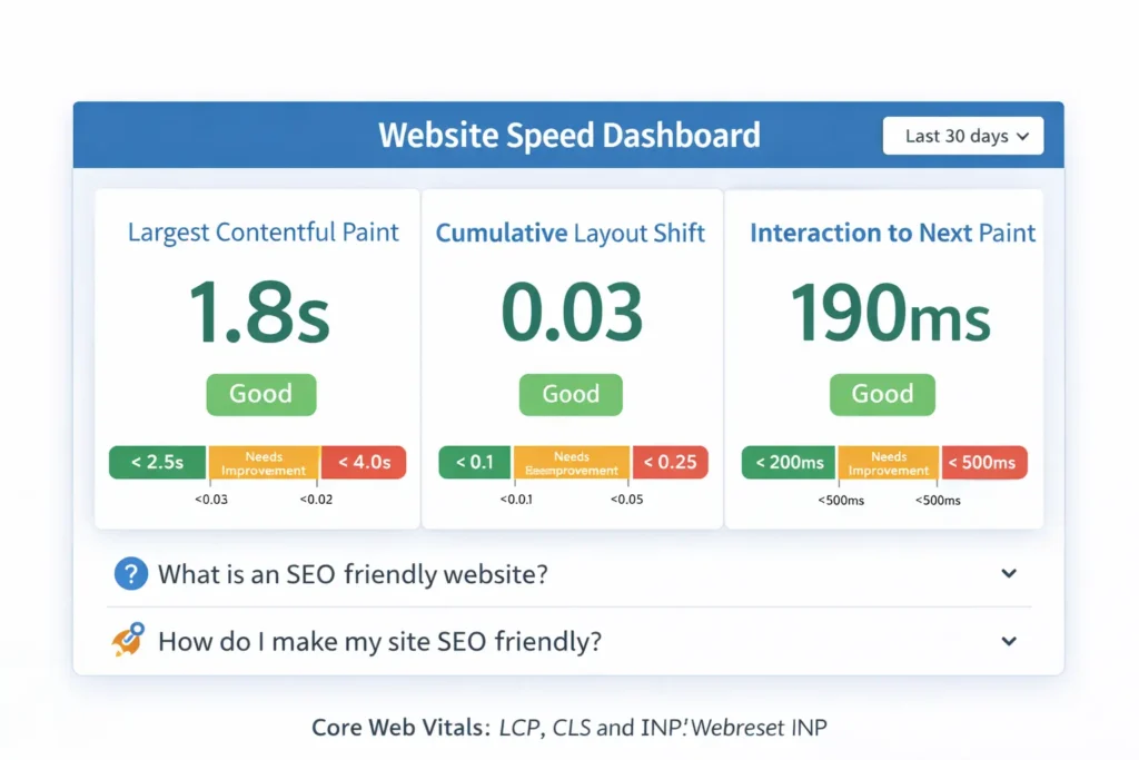 Website speed dashboard for an SEO friendly website showing Core Web Vitals metrics with labeled LCP, CLS, and INP scores.