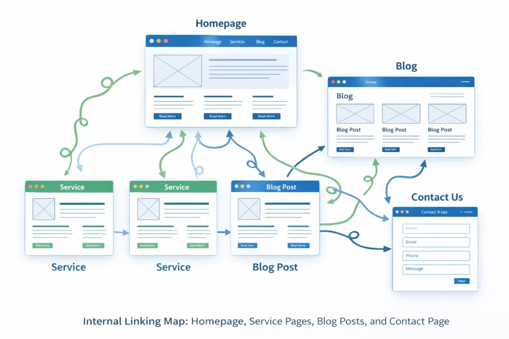 Internal linking map for an SEO friendly website connecting homepage, service pages, blog posts, and contact page to support rankings and user flow.