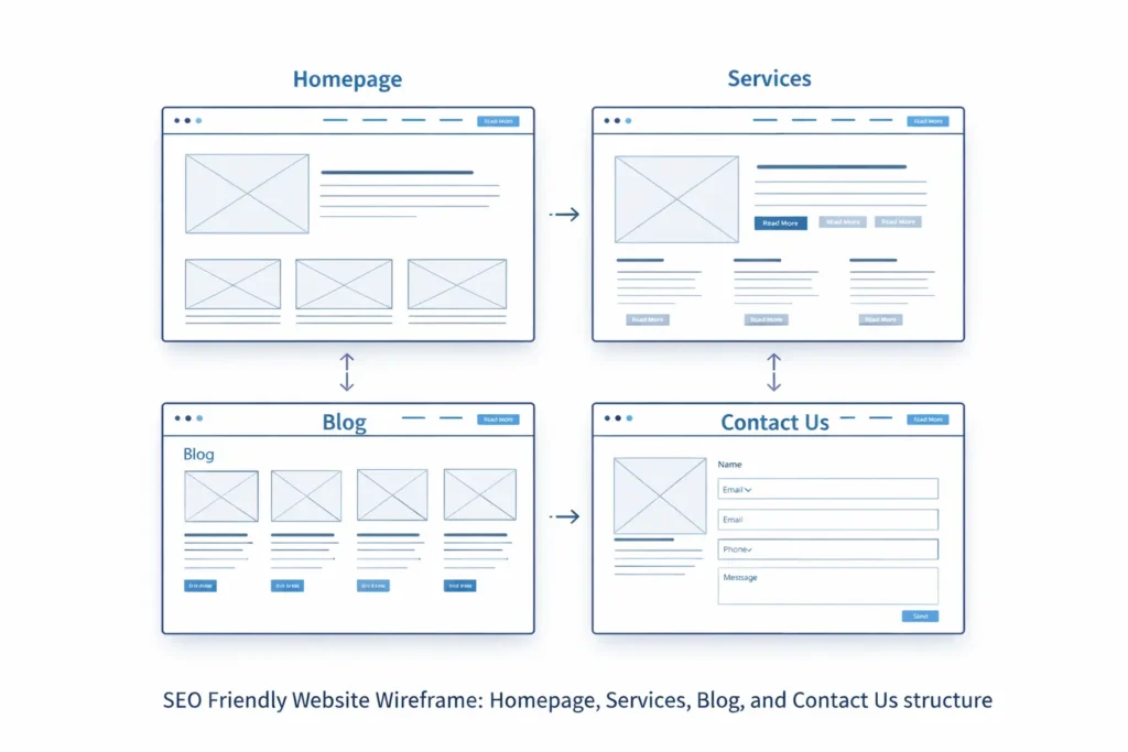 Clean SEO friendly website wireframe showing homepage, service page, blog page, and contact page structure for a small business website.