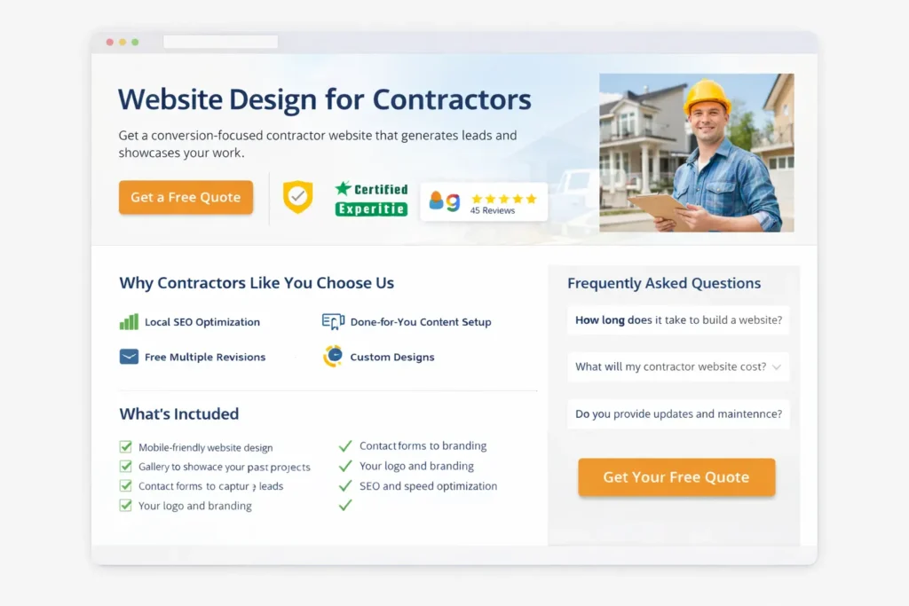 Screenshot mockup of a service page with a clear headline, trust badges, FAQ section, and call-to-action button for a small business website.