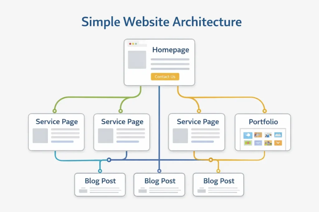 Simple site architecture diagram showing a homepage linked to service pages, blog posts, and a portfolio page for a small business website.