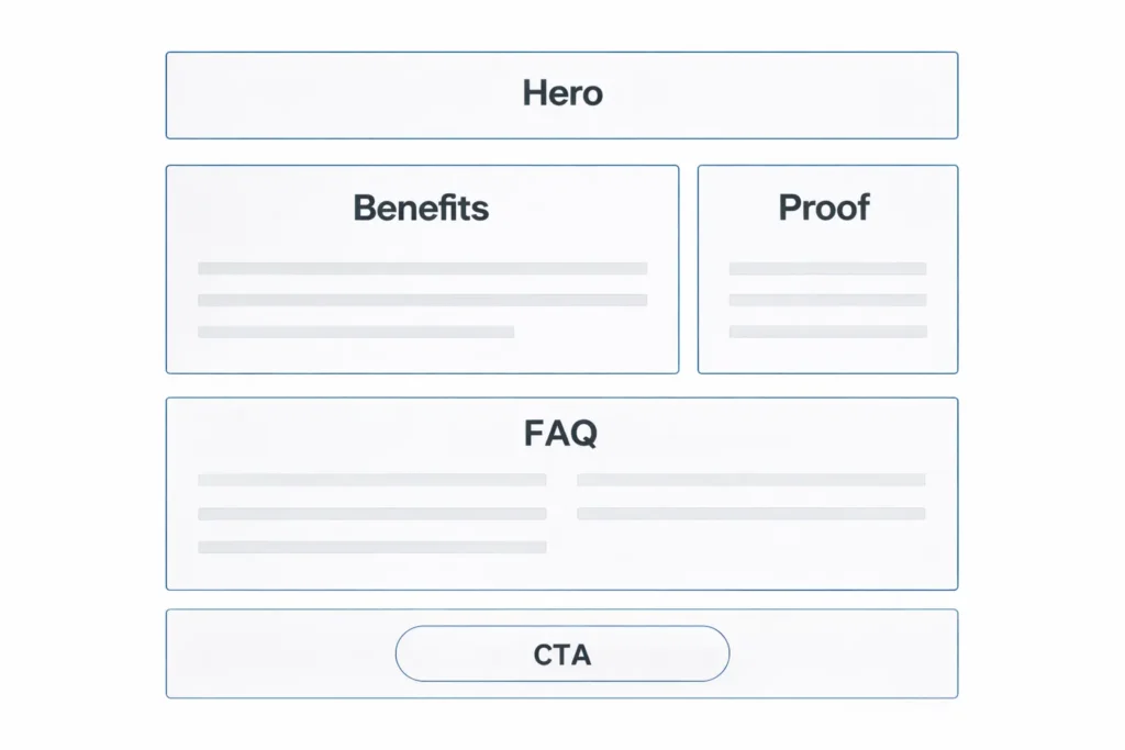Wireframe-style small business landing page labeled Hero, Benefits, Proof, FAQ, and CTA
