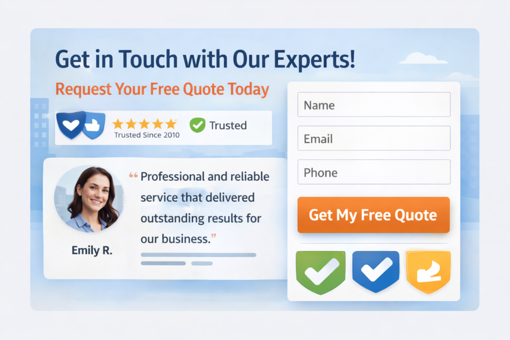 Small business sales funnel website contact section with trust badges, a short lead form, testimonial snippet, and a strong CTA button designed to increase conversions.