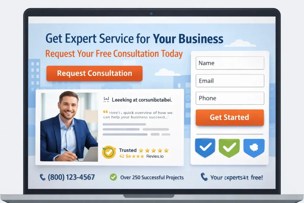 Small business sales funnel website hero mockup with a strong headline, call-to-action button, trust badges, testimonial section, and lead capture form designed to increase conversions.