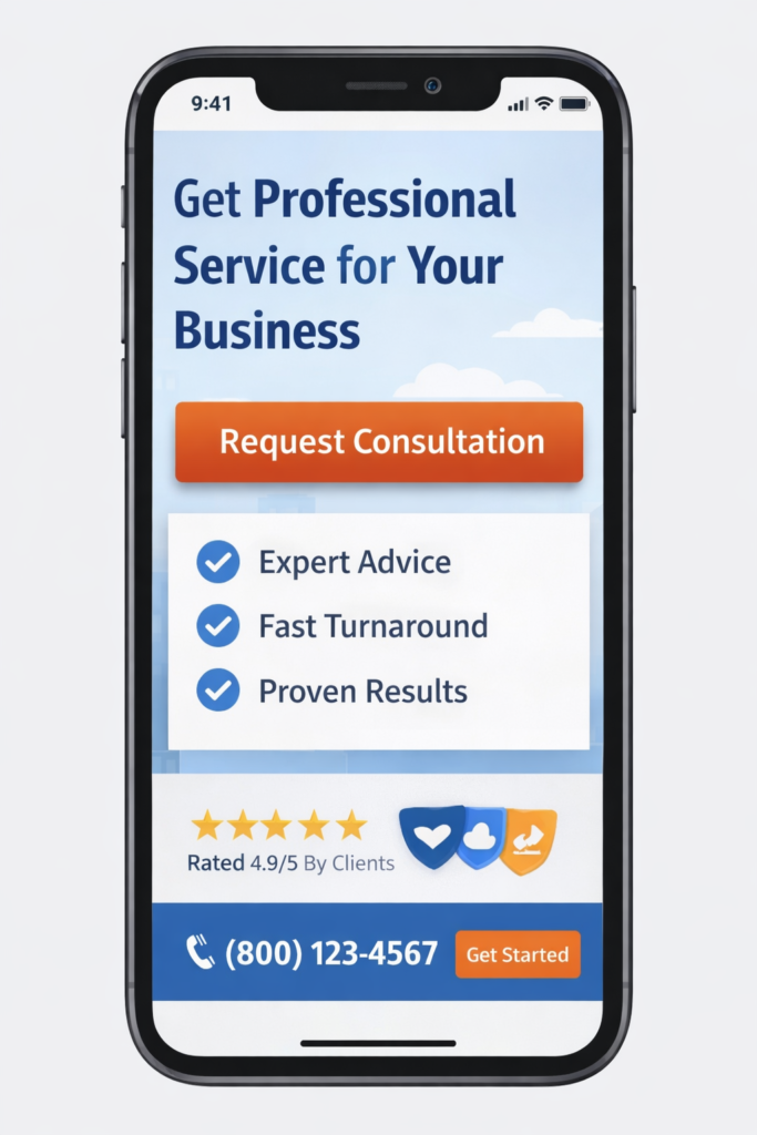 Horizontal mobile view of a small business sales funnel website homepage with a CTA button, review stars, service highlights, and a sticky contact bar designed to increase conversions.
