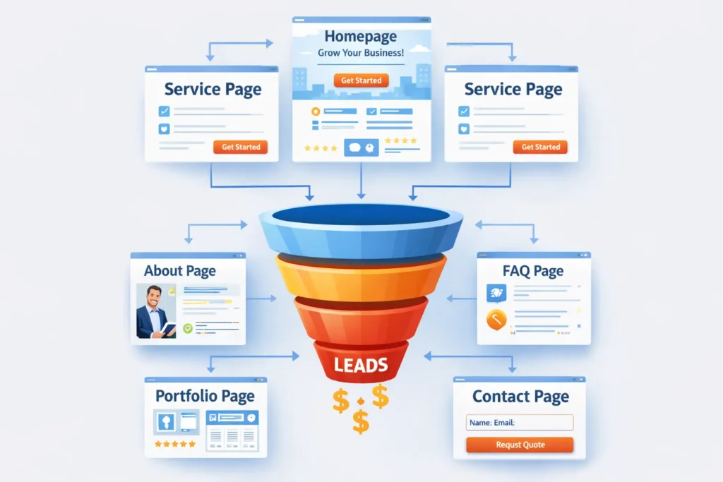 Small business sales funnel website sitemap visual showing the homepage, service pages, about page, portfolio page, FAQ page, and contact page connected in a funnel structure for lead generation.