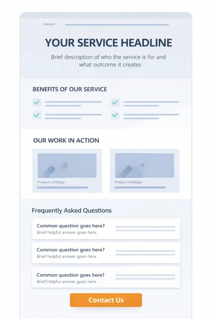 Service page wireframe for website optimization for small business showing the ideal order of headline, benefits, proof, FAQs, and call to action