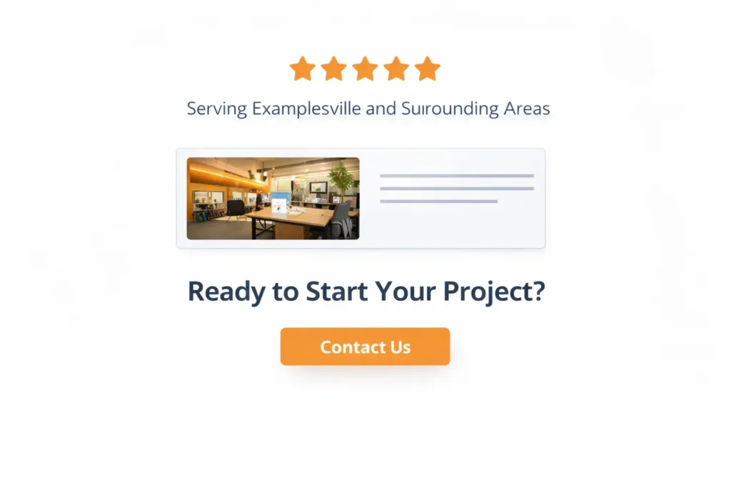 Trust-building section for website optimization for small business with review stars, local service area text, project snapshot, and contact call to action