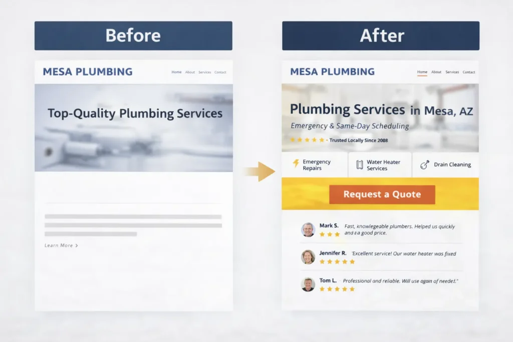 Before and after trade business website homepage comparison showing vague copy on one side and a stronger layout with service area, reviews, and CTA on the other