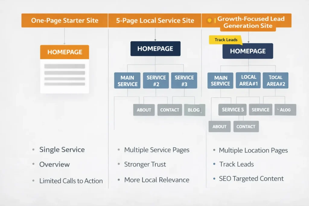 Comparison graphic of a one-page starter trade business website, a 5-page local service website, and a growth-focused lead generation website