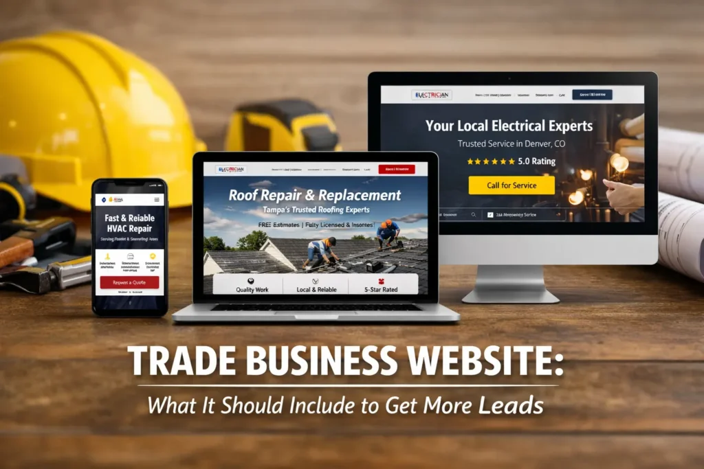 Mockup of a trade business website displayed on desktop, laptop, and mobile screens with construction tools in the background