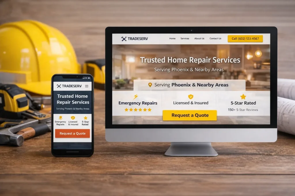 Hero image of a trade business website on desktop and mobile, showing a strong headline, CTA button, customer reviews, and service area text
