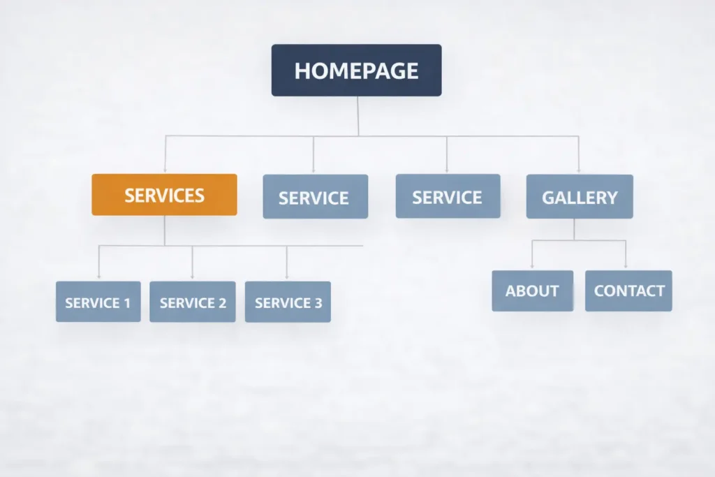 Sitemap style visual of a trade business website showing homepage, service pages, gallery, about page, and contact page in a clean connected structure