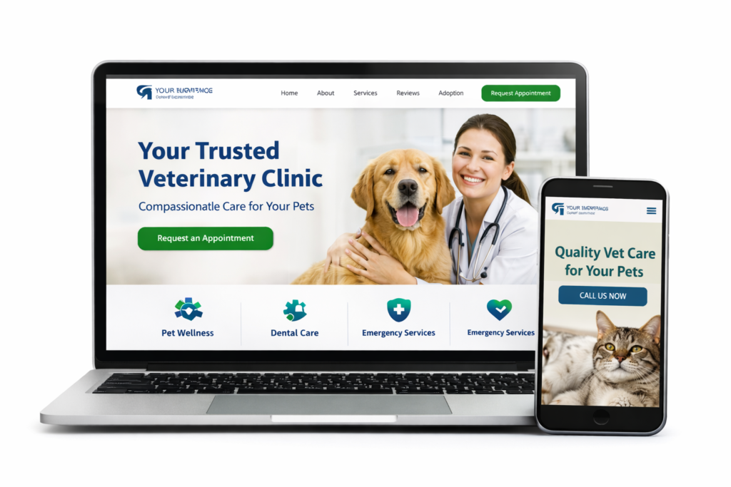 Vet website design example showing a modern veterinary clinic homepage on desktop and mobile, with clear service sections, appointment call-to-action, and pet-friendly layout for U.S. veterinary clinics.