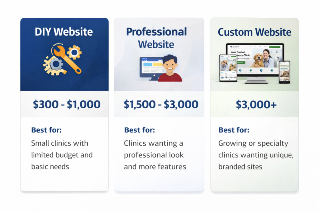 Vet website design pricing comparison showing DIY, professional, and custom veterinary website options with estimated cost ranges and ideal use cases for U.S. veterinary clinics.
