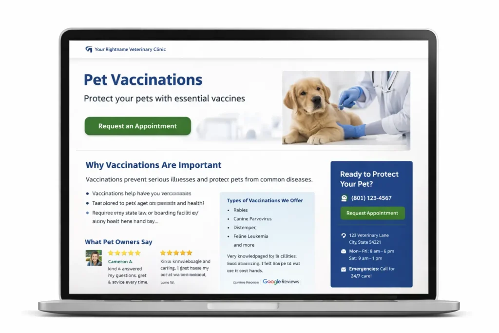 Veterinary service page example for vet website design showing a clear appointment CTA, client reviews, service details, and contact box for a U.S. veterinary clinic website.