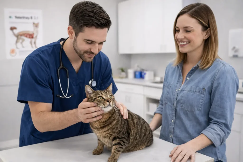 Veterinarian checking a cat in an exam room while the pet owner watches during a calm clinic visit.