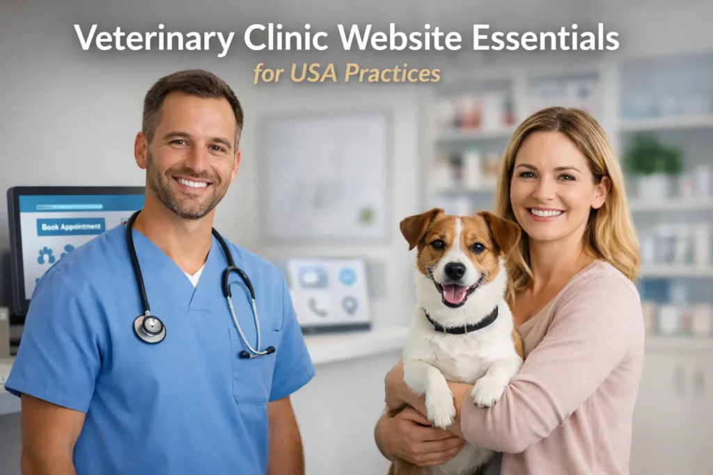 Veterinary clinic website featured image showing a veterinarian, pet owner, and dog in a modern clinic