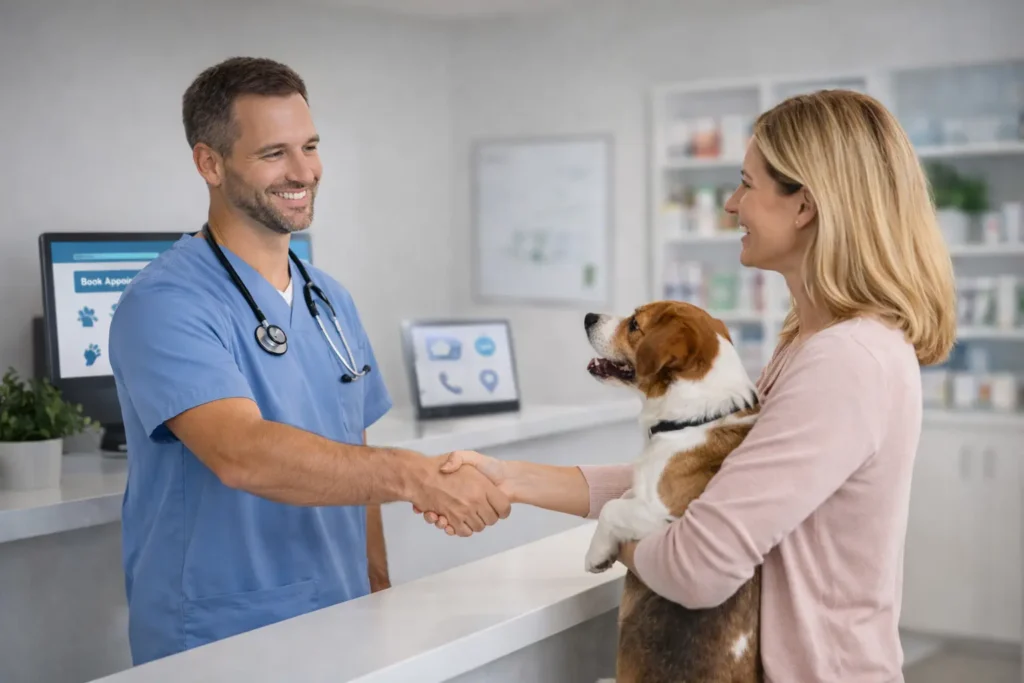 Veterinary clinic website hero image showing a veterinarian greeting a dog owner at reception in a modern USA clinic
