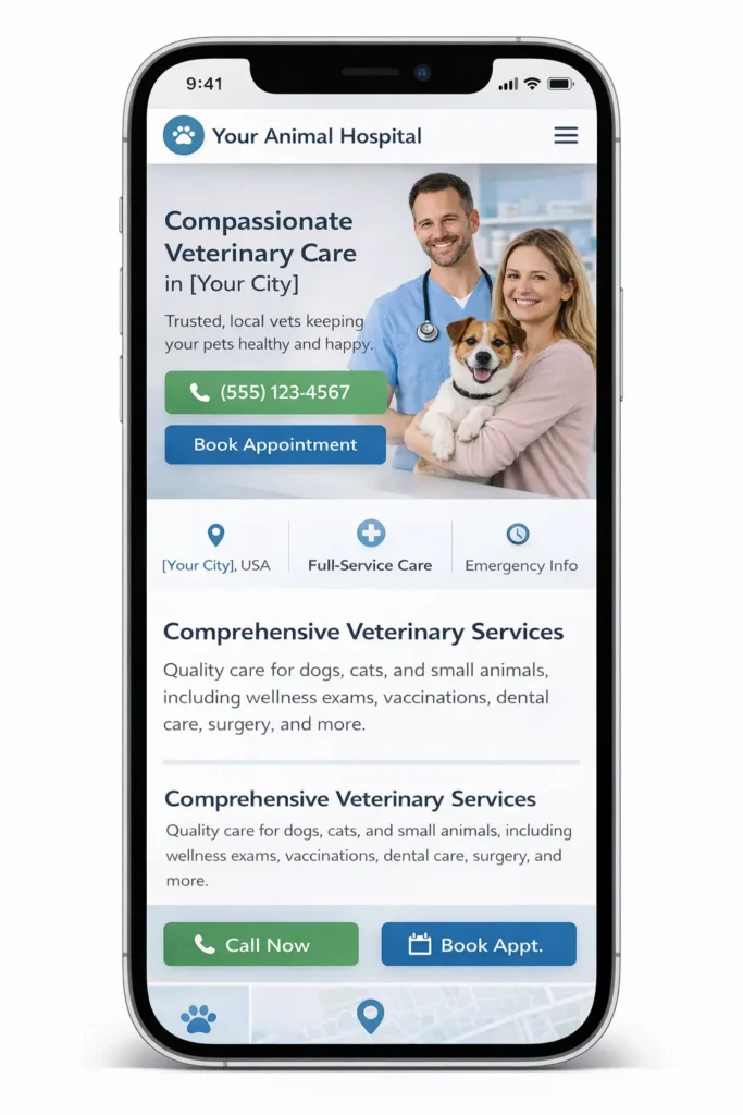 Veterinary clinic website mobile homepage with tap-to-call and book appointment buttons for USA pet owners