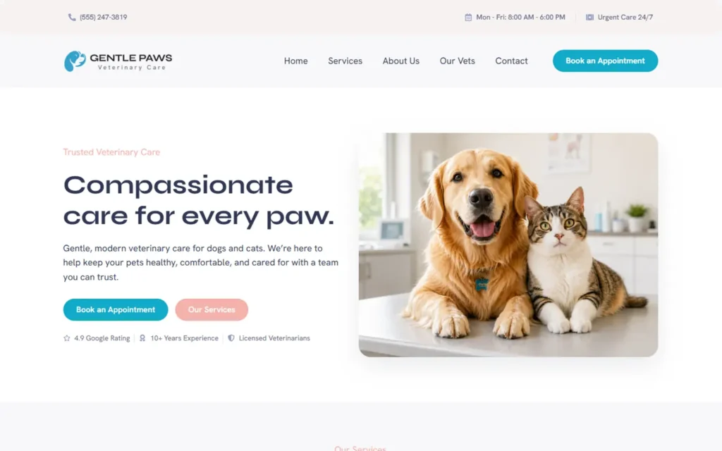 Veterinary clinic website sample homepage with hero section, pet care headline, call to action buttons, and dog and cat image