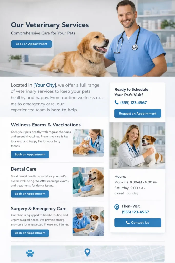 Veterinary clinic website service page mockup with clear CTA buttons for appointments and pet care services