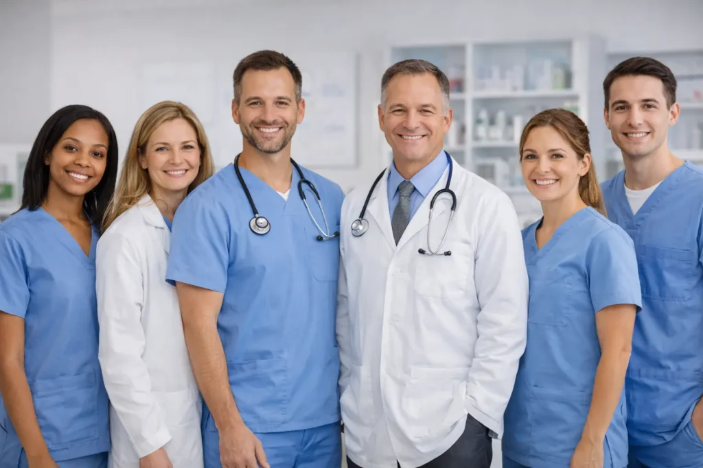 Veterinary clinic website team photo showing veterinarians and support staff in a clean modern clinic