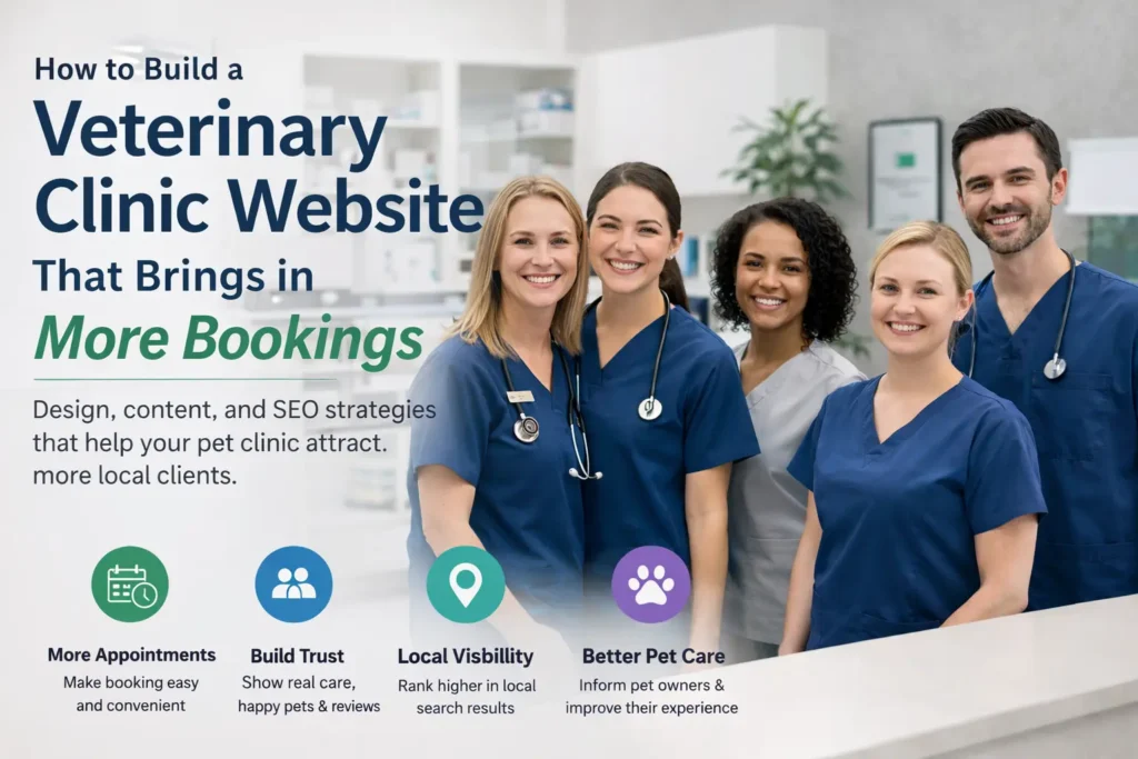Team photo with veterinarians and support staff smiling inside a clean, professional veterinary clinic.