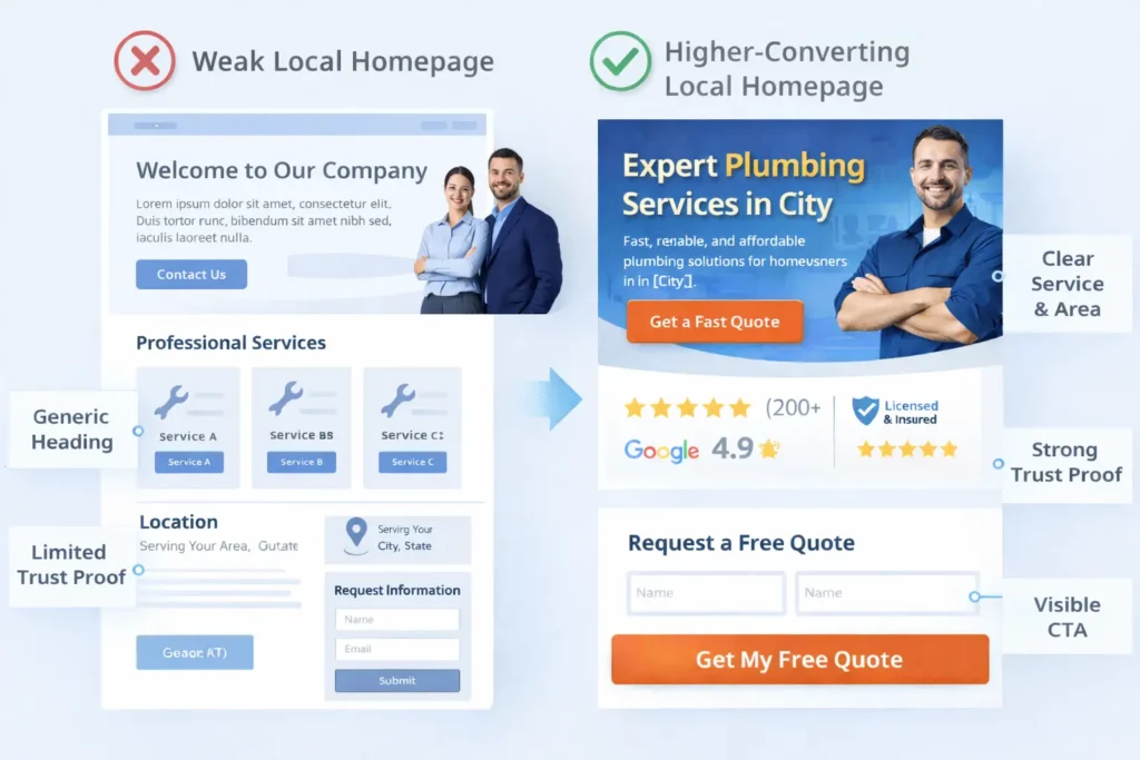 Comparison graphic showing a weak local business homepage versus a high-converting local homepage with a clearer headline, stronger trust proof, and a more visible CTA.