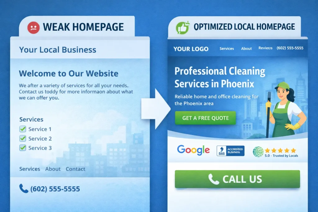 Before-and-after comparison of a weak local homepage versus an optimized local lead-generation homepage for a small business website.