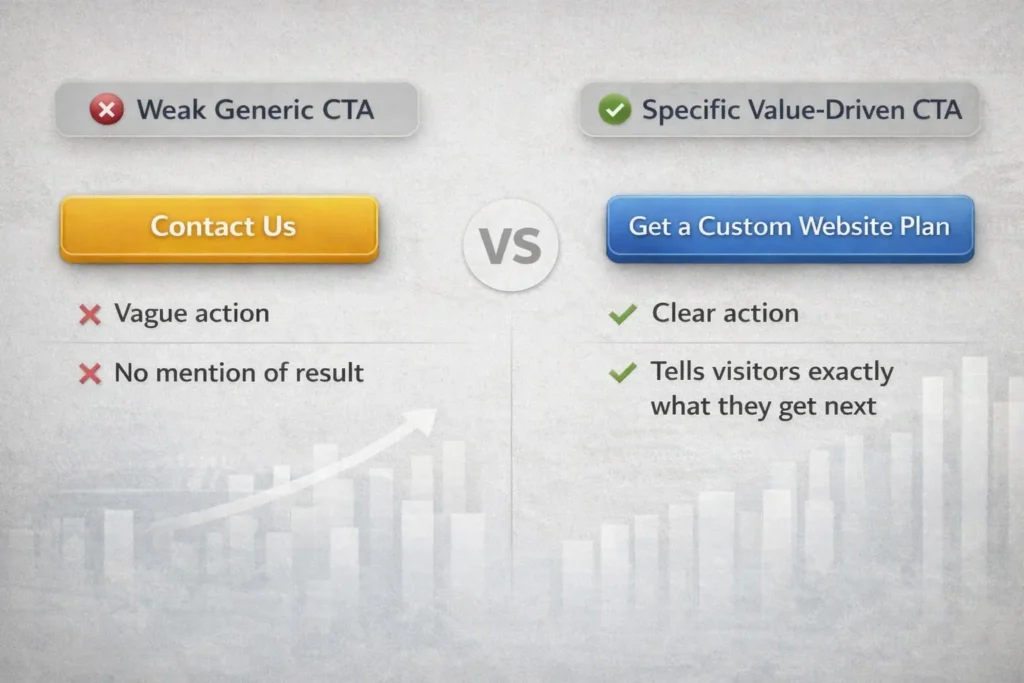 Comparison graphic showing a weak generic CTA button versus a specific value-driven CTA button for better website conversions