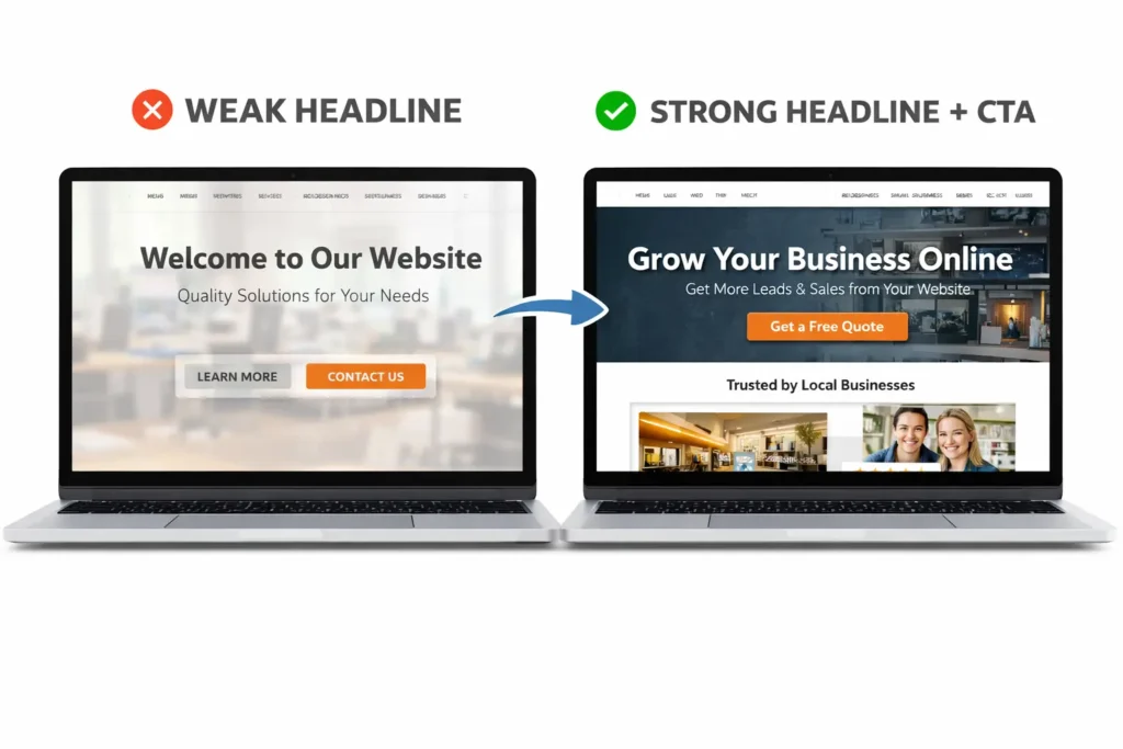 Website optimization for small business before-and-after homepage design showing a weak headline on one side and a strong headline with CTA on the other