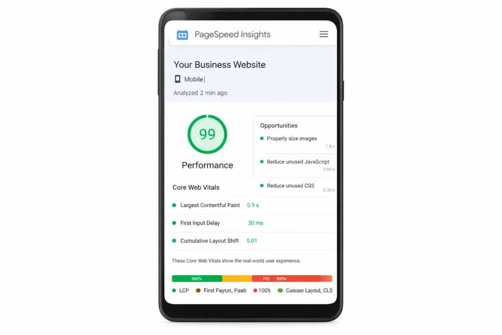 PageSpeed Insights mobile report for website optimization for small business showing performance score, Core Web Vitals, and highlighted opportunities
