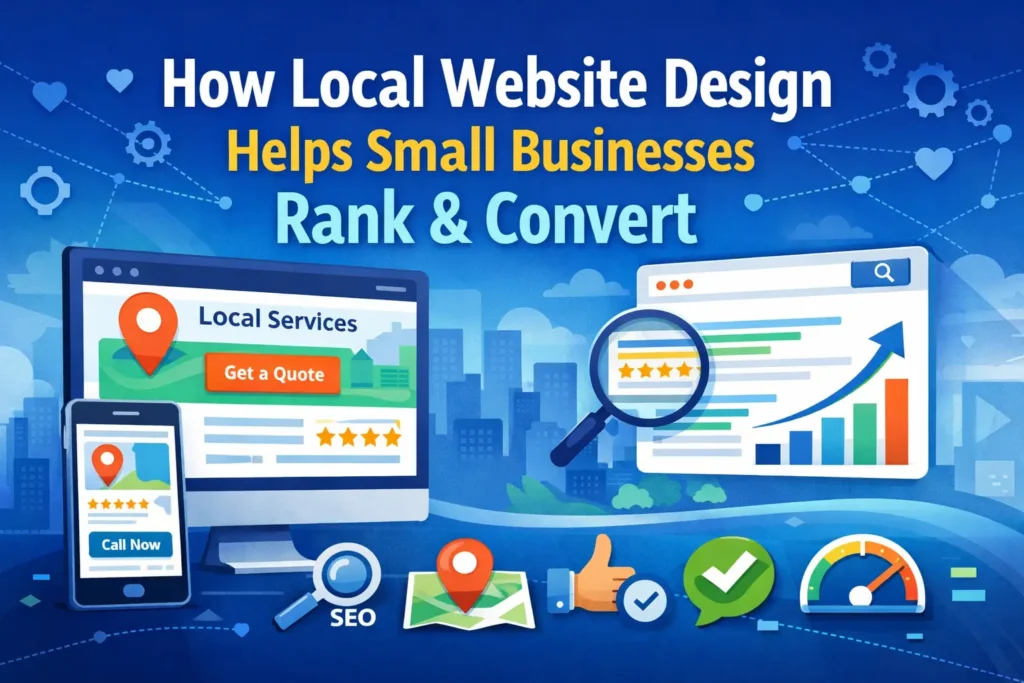 Illustration of website SEO for local business showing local service web design, search rankings, reviews, mobile optimization, and conversion elements.