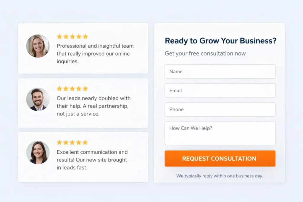 Website testimonial cards beside a contact CTA section for lead generation showing client reviews next to a consultation form