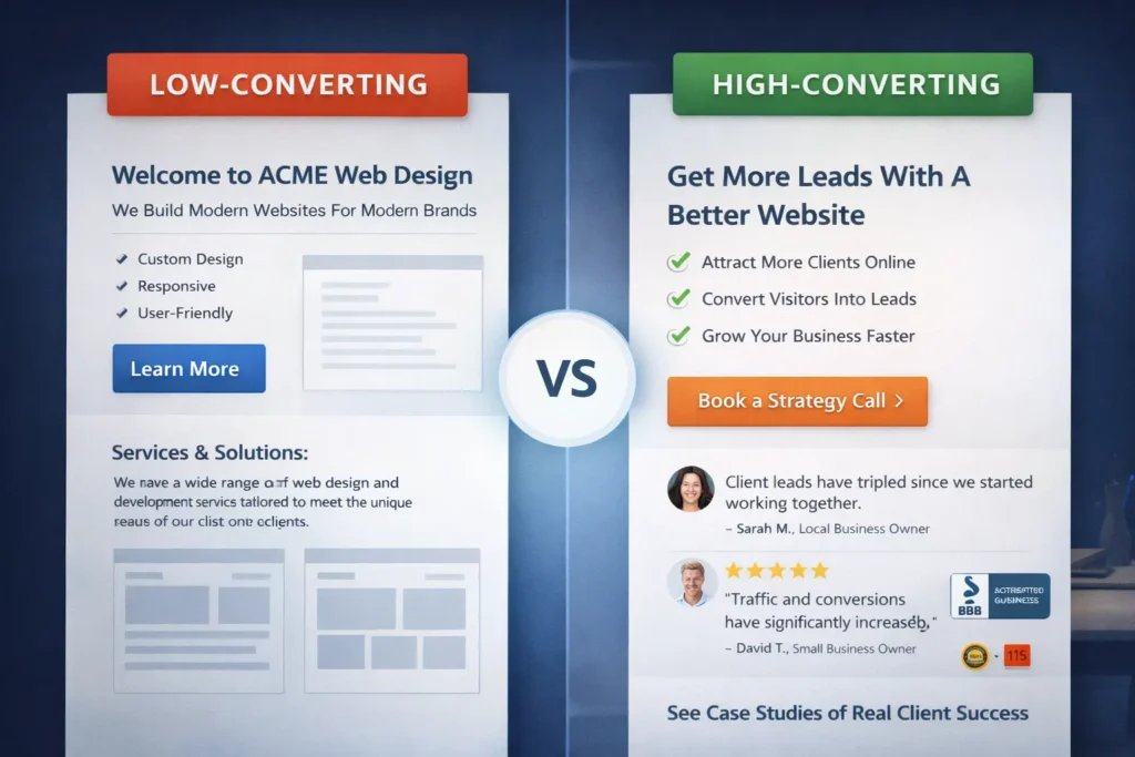 Before and after comparison of a website that converts visitors, showing low-converting and high-converting website sections with stronger CTA, social proof, and trust signals