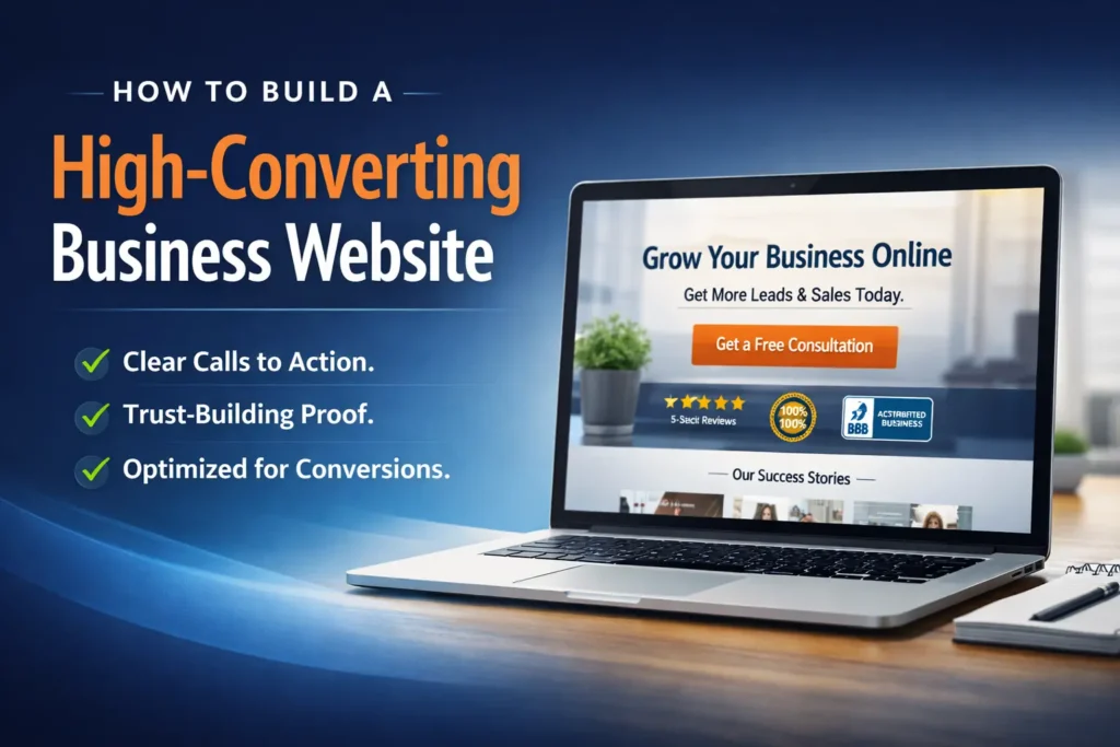 Laptop showing a high-converting business website with a clear call to action, trust badges, and lead generation messaging