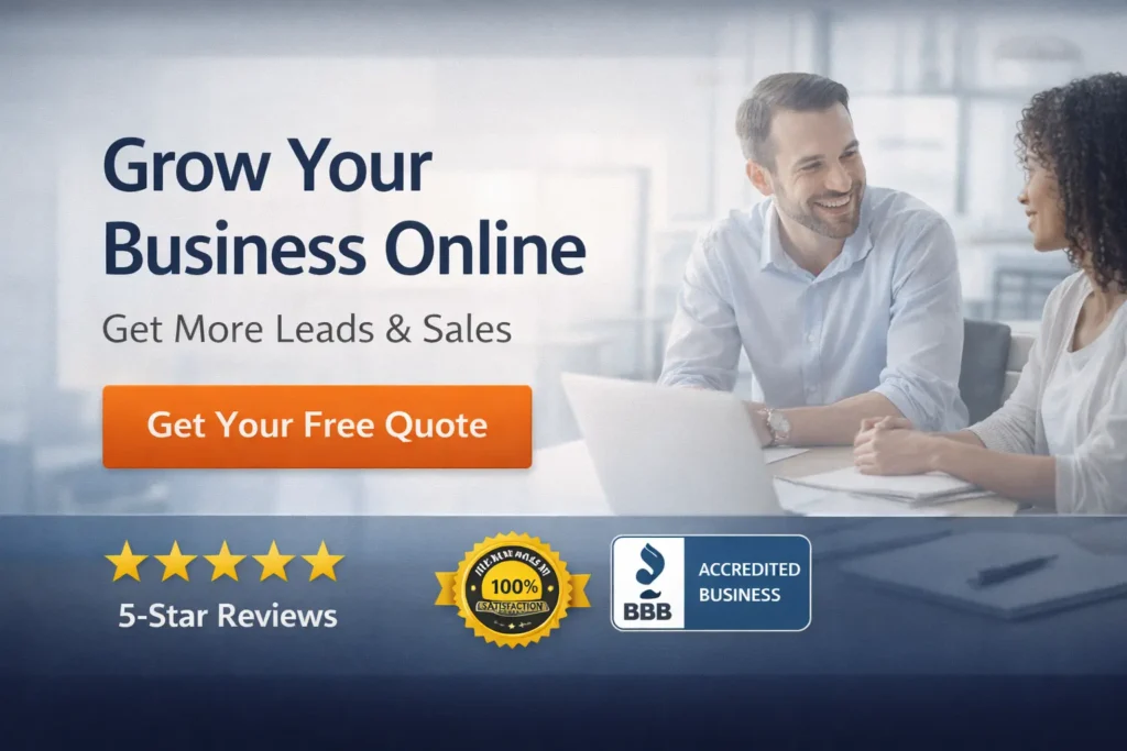 Hero image of a website that converts visitors with a clean business homepage layout, strong CTA button, and trust badges for reviews and credibility