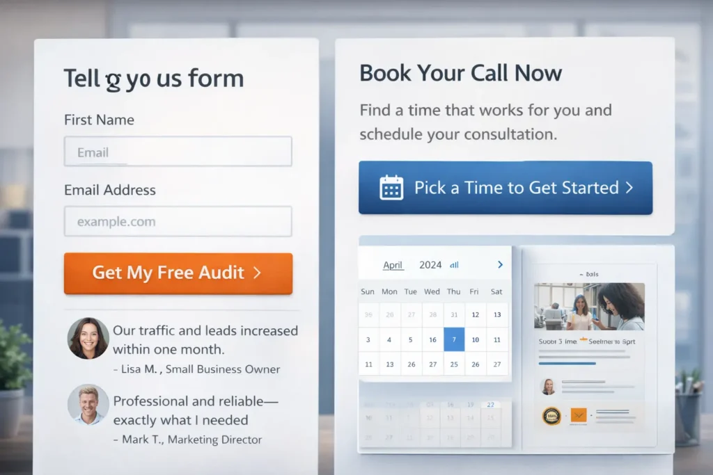 Lead capture form on a website that converts visitors with testimonial reviews and a calendar booking section to drive more leads and consultation requests