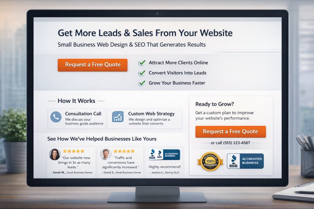 Mockup of a website that converts visitors with a service page wireframe showing a clear headline, benefits, social proof, and strong CTA sections