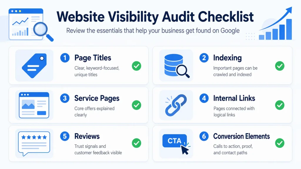 Website visibility audit checklist showing titles, indexing, service pages, internal links, reviews, and conversion elements to help get found on Google
