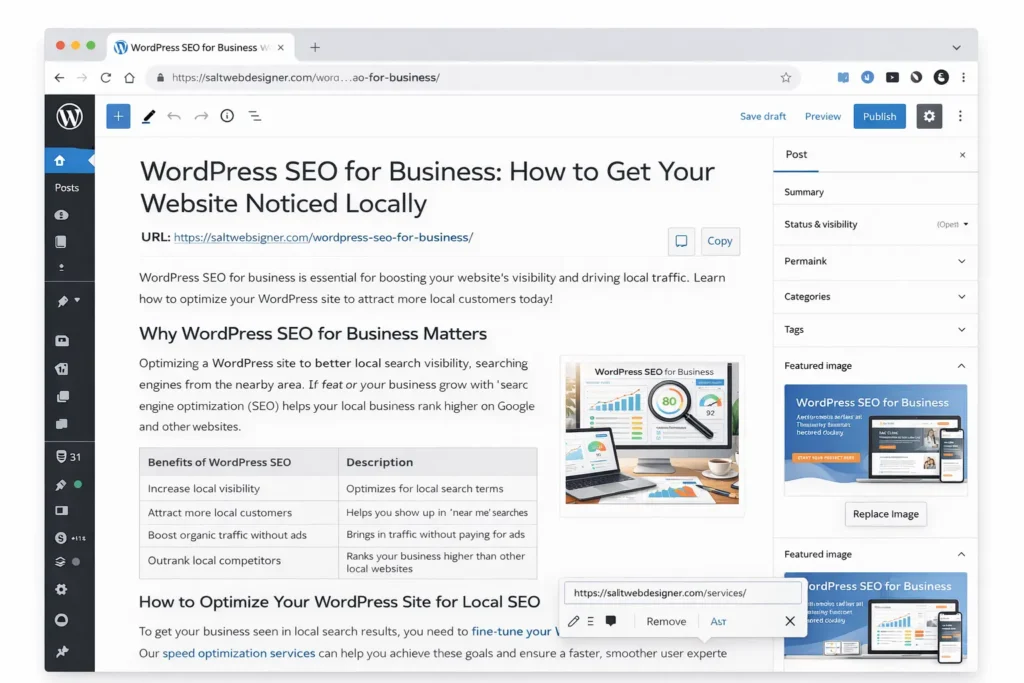 Screenshot of WordPress post editor with SEO title, H2 sections, featured image, and internal link placement for a business blog