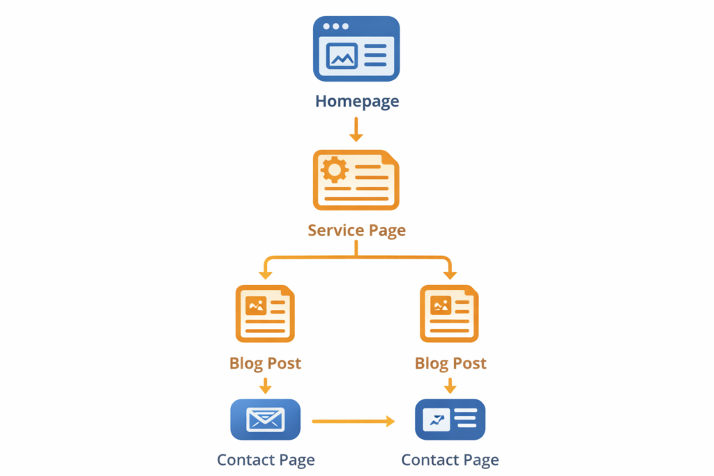 Simple topic cluster graphic showing homepage linking to service page, blog posts, and contact page for WordPress SEO content structure