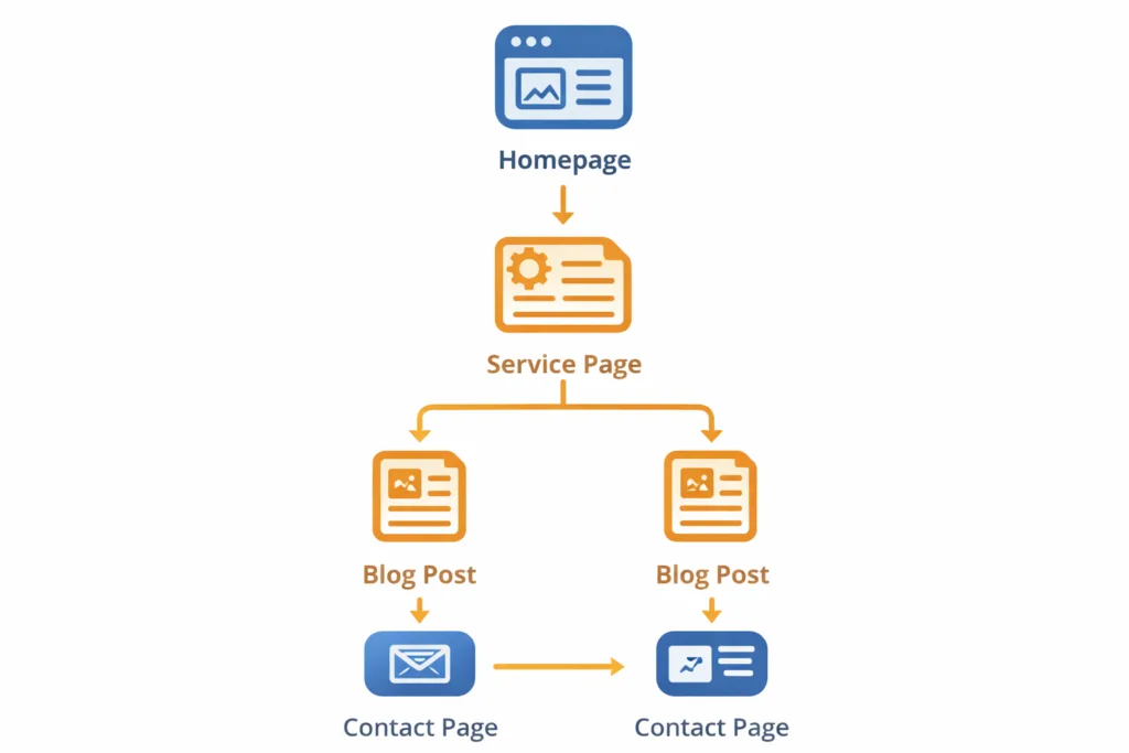 Simple topic cluster graphic showing homepage linking to service page, blog posts, and contact page for WordPress SEO content structure