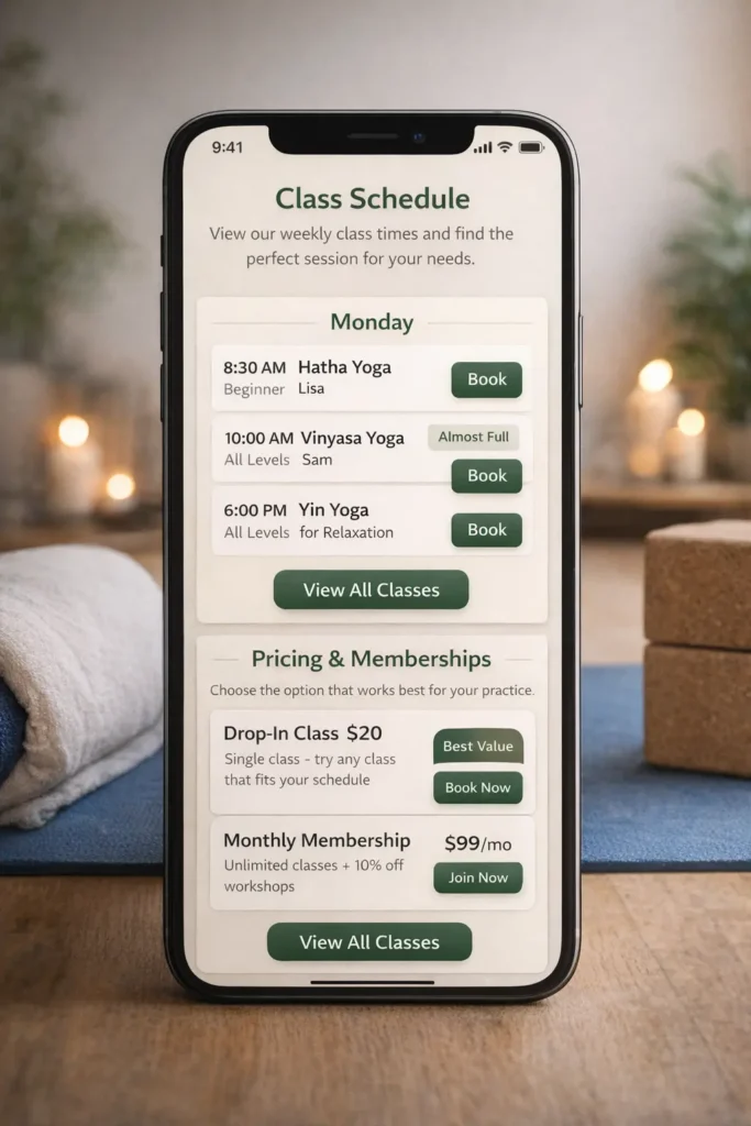 Mobile yoga studio website mockup showing class schedule and pricing sections on a smartphone screen with booking buttons and a clean studio-inspired layout.
