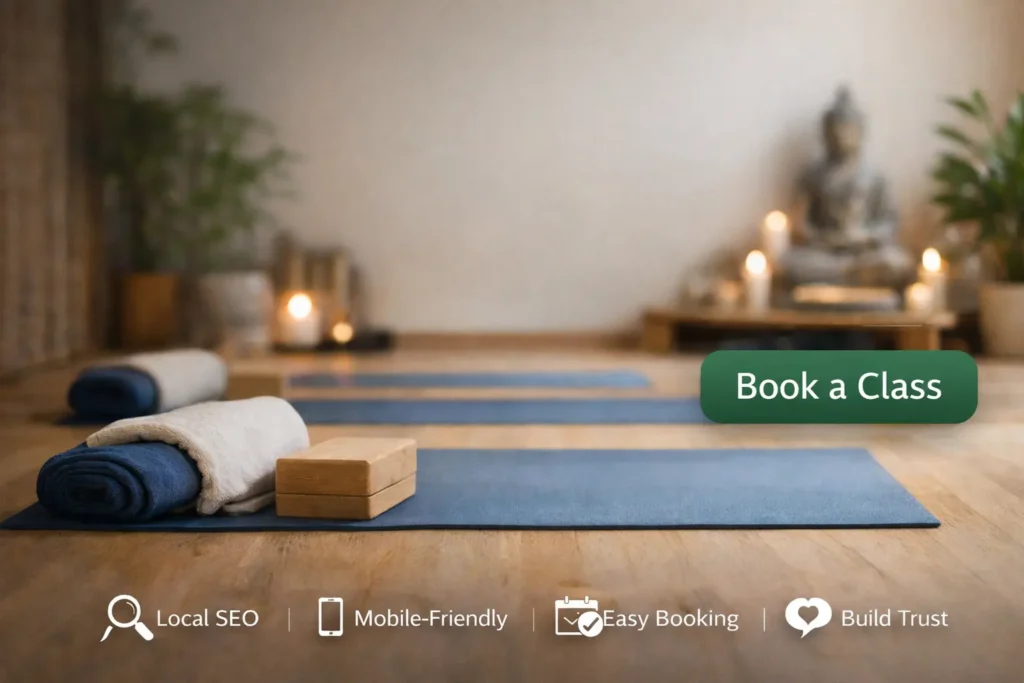 Calm yoga studio website hero image showing a serene studio interior with yoga mats, soft lighting, and a visible Book a Class button designed for a yoga studio website.